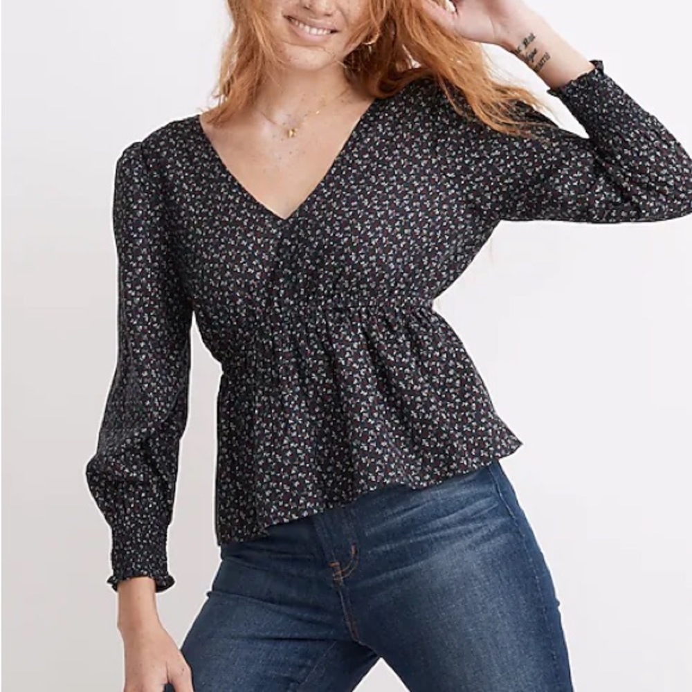 Madewell Tie-Back Peplum Blouse Campden Daisies Long Sleeve Top Size Medium